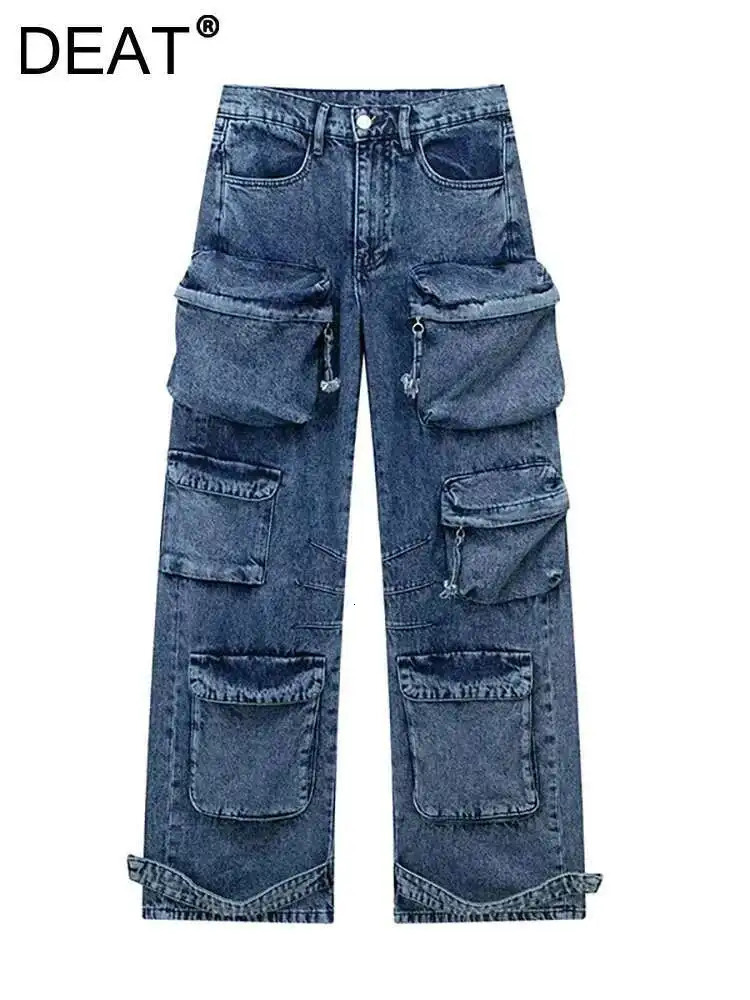 DEAT Womens Jeans High Waist Solid Color Multiple Pockets Straight Wide Leg Cargo Denim Pants Summer Fashion 29L6499 250819