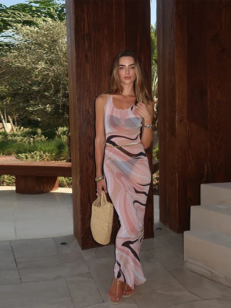 2025 Fashion Print Beach Long Dress Summer Women Spaghetti Strap Dress Long Sleeve O-Neck Dresses Summer Lady Robes 250819
