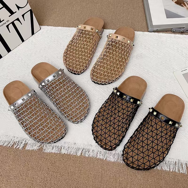 designer sandals New French hollowed out half flip flops with toe caps, fashionable and casual for outerwear. One foot mesh flat sandals