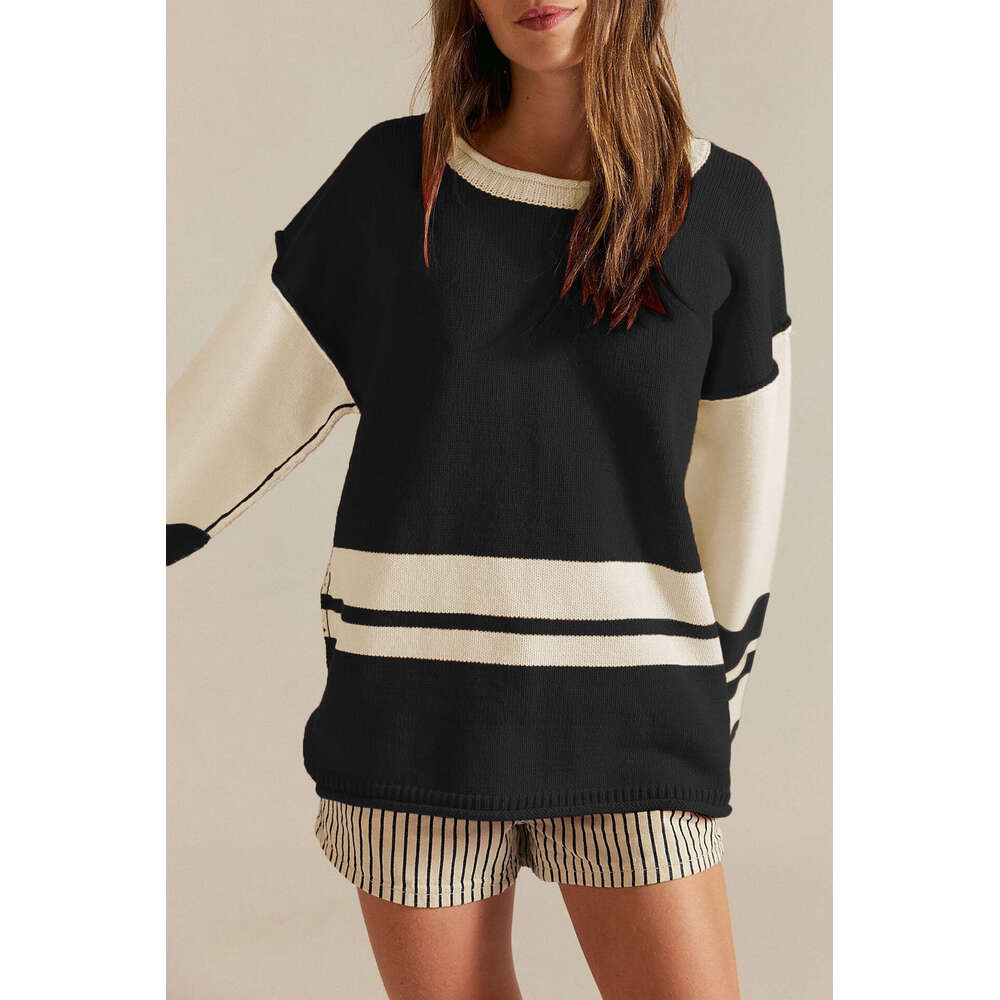 New Autumn Winter Pullover Women's Color Block Round Neck Loose Versatile Knitted Sweater B3