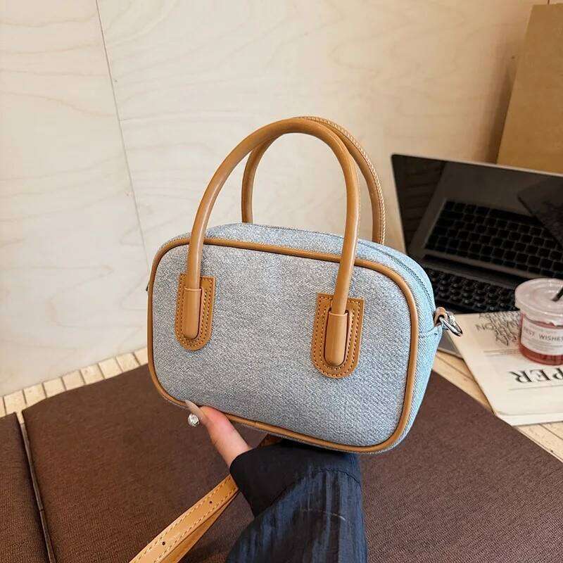 Designer PU Canvas Patchwork Women's Handbag Casual Crossbody Bag Pillow Bowling Boston Tote