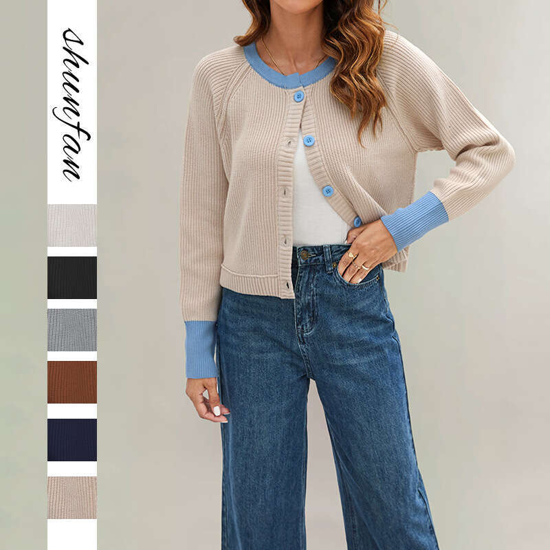 Autumn Winter New Tiktok Round Neck Color Block Fashion Button Contrast Knitted Cardigan Jacket B5