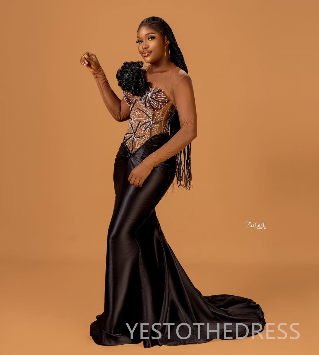 Plus Size Black Mermaid Prom Dress 2025 Evening Dresses Robe De Sorrie Sheer Neck Beaded Long Sleeves Crystals Flora Birthday Dress Second Reception G