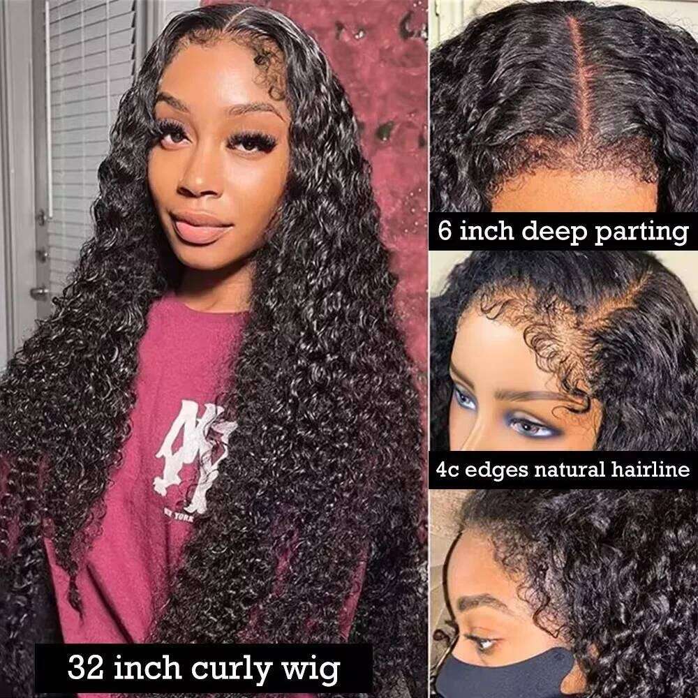 4C Edges Kinky Curly Frontal Wig Glueless Deep Wave 13X6 HD Transparent Lace Front Human Hair Wigs