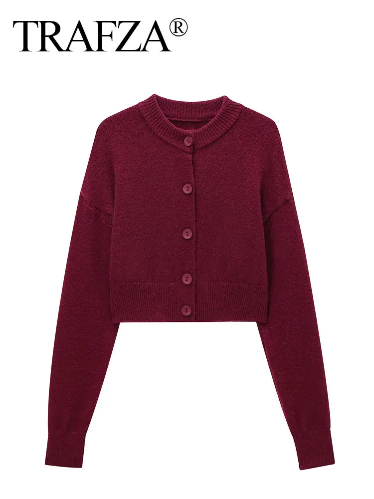 TRAFZA Women Cropped Knit Cardigan Sweater Single Breasted Long Sleeve O Neck Coat Elegant Solid Outerwear Female Chic Top 250819