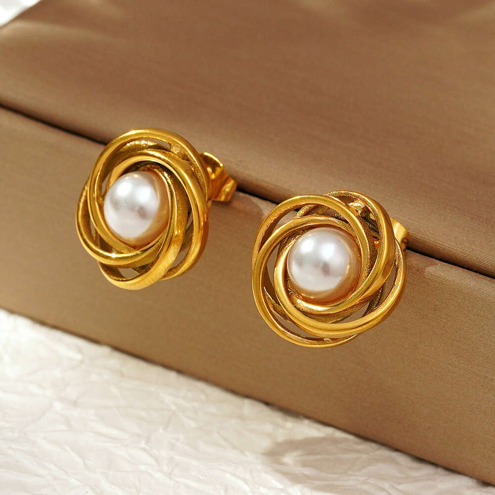 DHpet French Style High-End Minimalist Bird's Nest Pearl Earrings for Women Elegant Light Stainless Steel Wrap