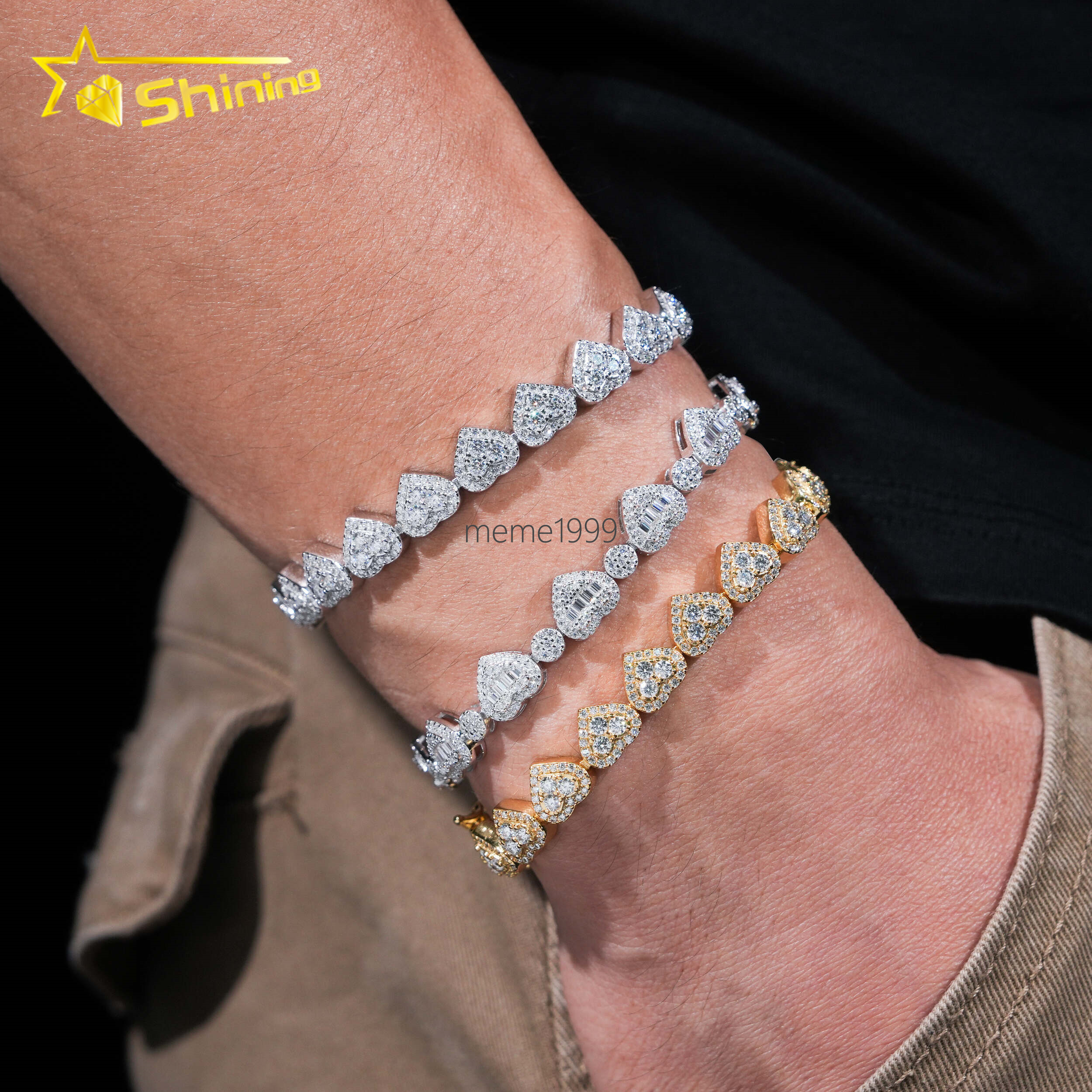 Hot Sale Heart Iced Out Links VVS Moissanite Pass Diamond Tester Gold Plated 925 Sterling Silver Hip Hop Cuban Link Bracelet