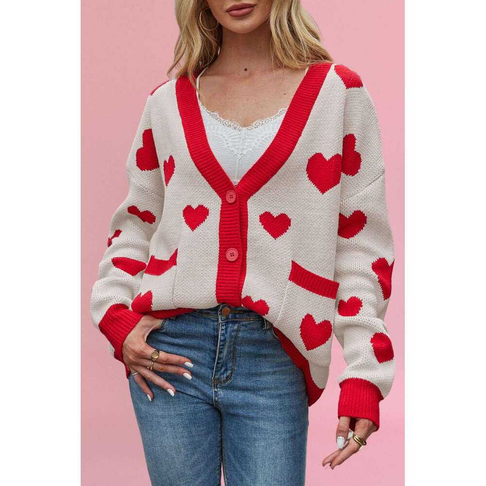 New Autumn Winter Valentine's Day Heart Peach Cardigan Pocket V-Neck Regular Fit Knitted Jacket B5