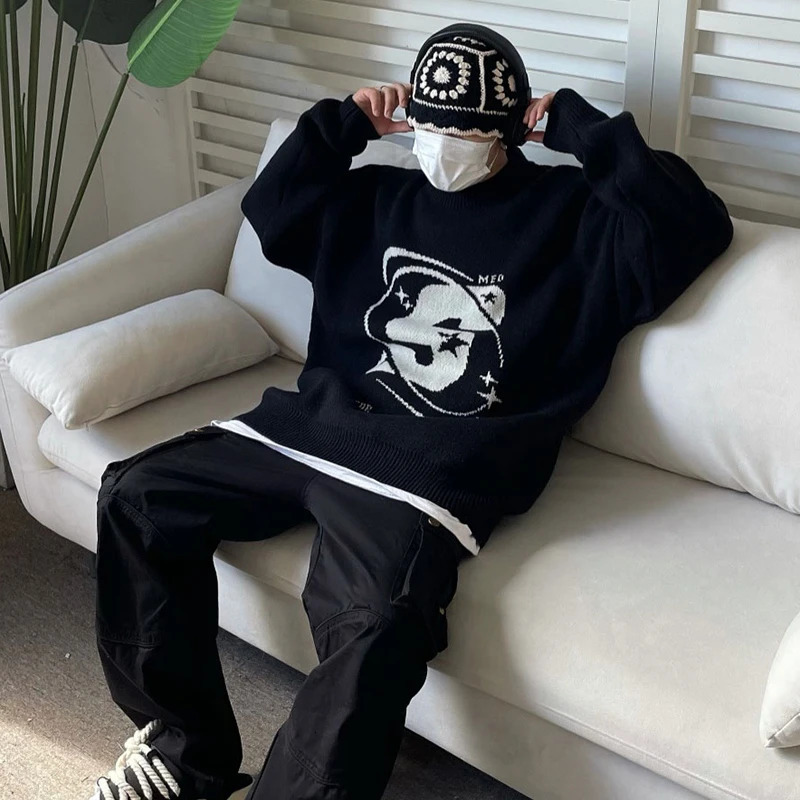 Capital Letter Print Solid Color Retro Mens and Womens Autumn Winter Sweaters Harajuku Crew Neck Oversized Baggy Knitted Top 250819