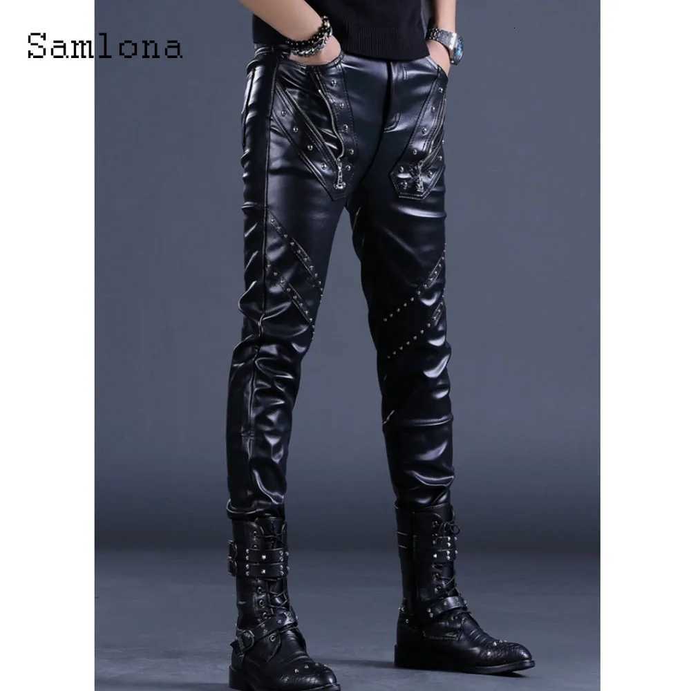 Sexy Zipper PU Leather Pants Men Streetwear 2025 European Style Fashion Rivets Party Trousers Black Luxury Faux Leather Hotpants W250819