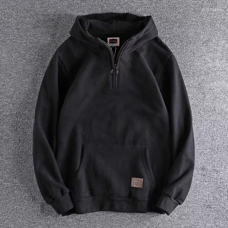 Men's Hoodies Half Zip Hooded Sweater American Style Retro Heavy Thickened Couple's Pocket Collar Hoodie Coat Cotton
