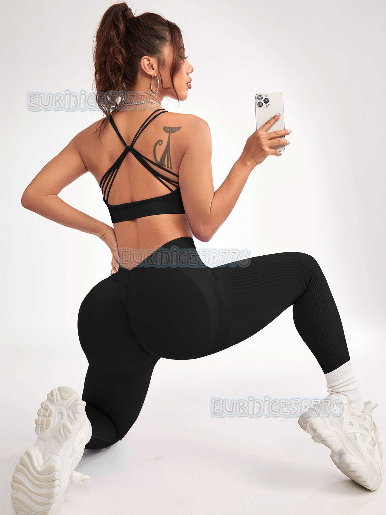 New Seamless Knitted V-waist Peach Yoga Outfit Set for Women with Butt-lifting Pants and Sports Bra Two-piece Set H250819