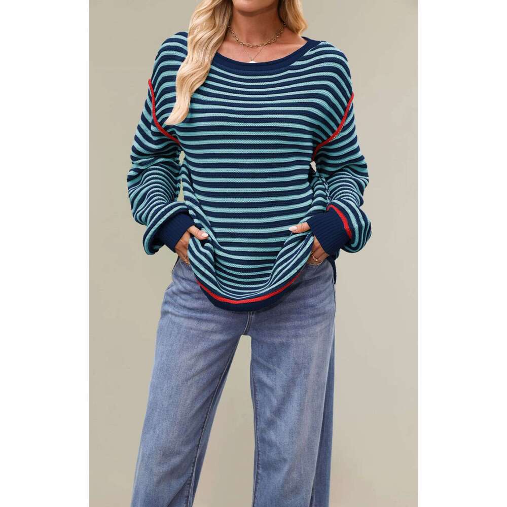 New Autumn Winter Sweater Women's Clothing Popular Striped Top Round Neck Pullover Loose Long Sleeve B3