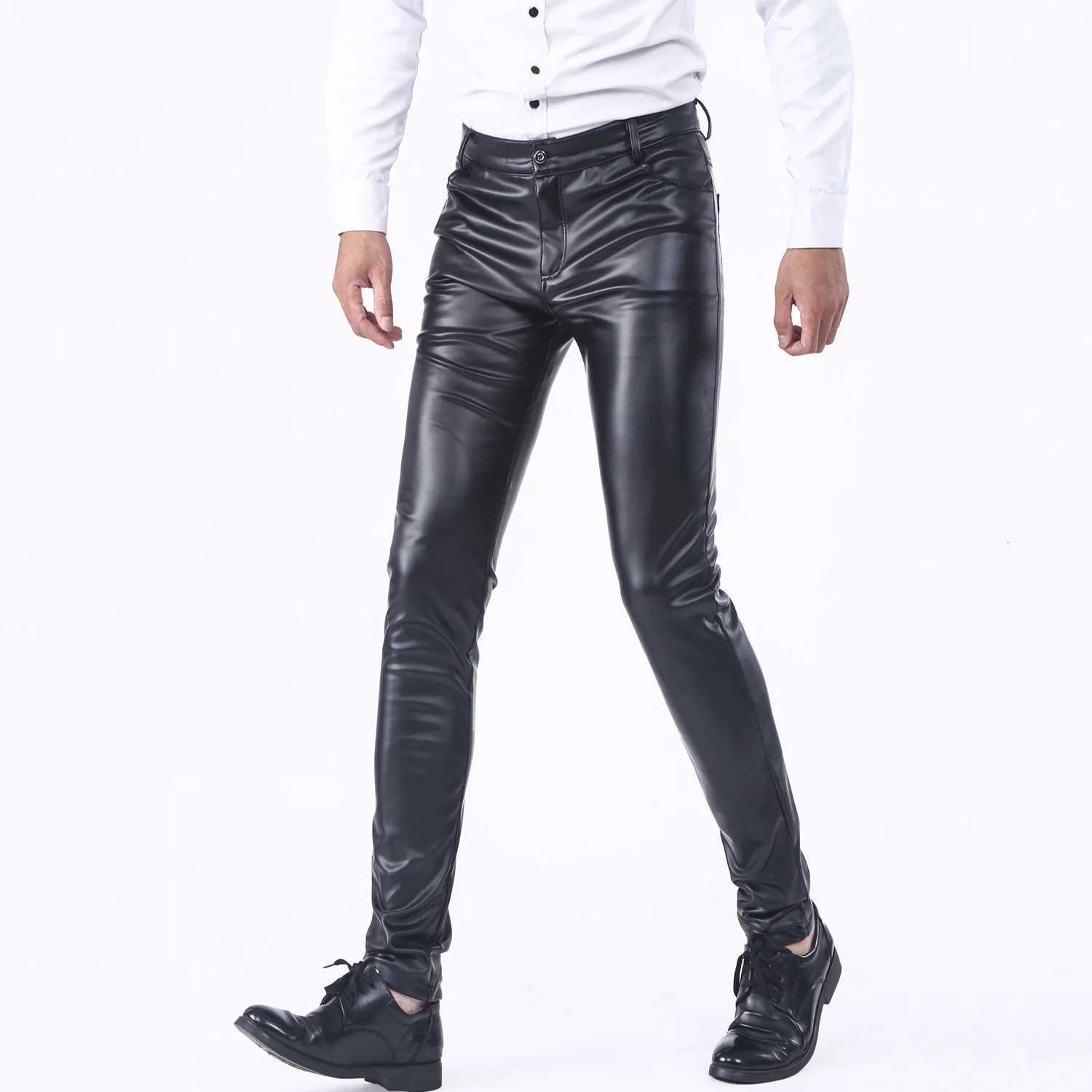 Leather Pants Men Ankle Length Pant Pencil Pants Zipper Fly Flat Skinny Slim Solid Mid Waist Pockets Spliced Moto Biker W250819