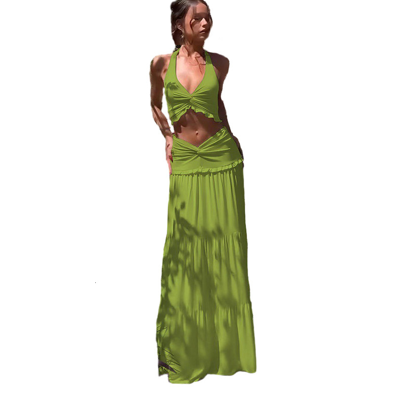 D9754 Womens Fashion Sexy V-neck Ruffle Halter Neck Tie Knot Long Dress Two-piece Set