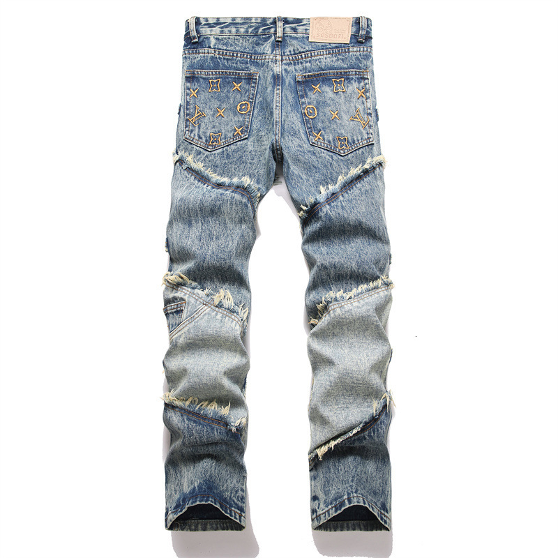Free Shipping Designer European And American Style 2025 New Slim Fit Straight Leg Patch Embroidered Youth Blue Men's Flared Jeans