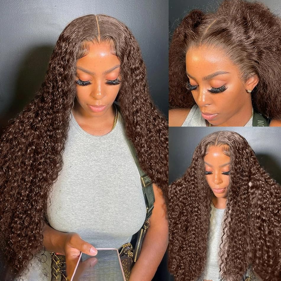 30 Inch Chocolate Brown Deep Wave Lace Front Wigs 220 Density 13x6 HD Lace Frontal Wig Curly Human Hair Pre Plucked Wig for Women Brown Glueless with 