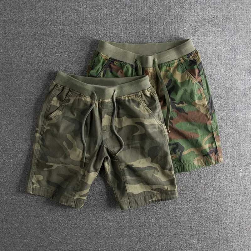 2025 Summer New Washed and Aged Pure Cotton Personalized Camouflage Elastic Waist Drawstring Summer Mens Shorts Casual Shorts W250819