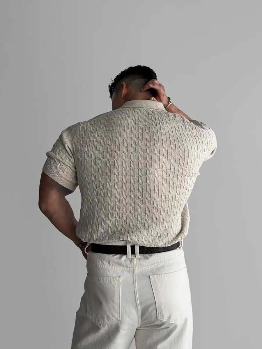 American Sle Hard Man Knitted irt Muscle Men Slim Fit Elastic ort Sve Turn-down Collar Sweatirt Tight Sve ... 250818