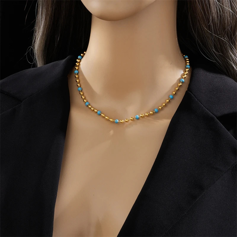 DIEYURO 316L Stainless Steel Gold Color Blue Beads Necklace For Women Vintage Girls Choker Chain Fashion Party Jewelry Gift 250815
