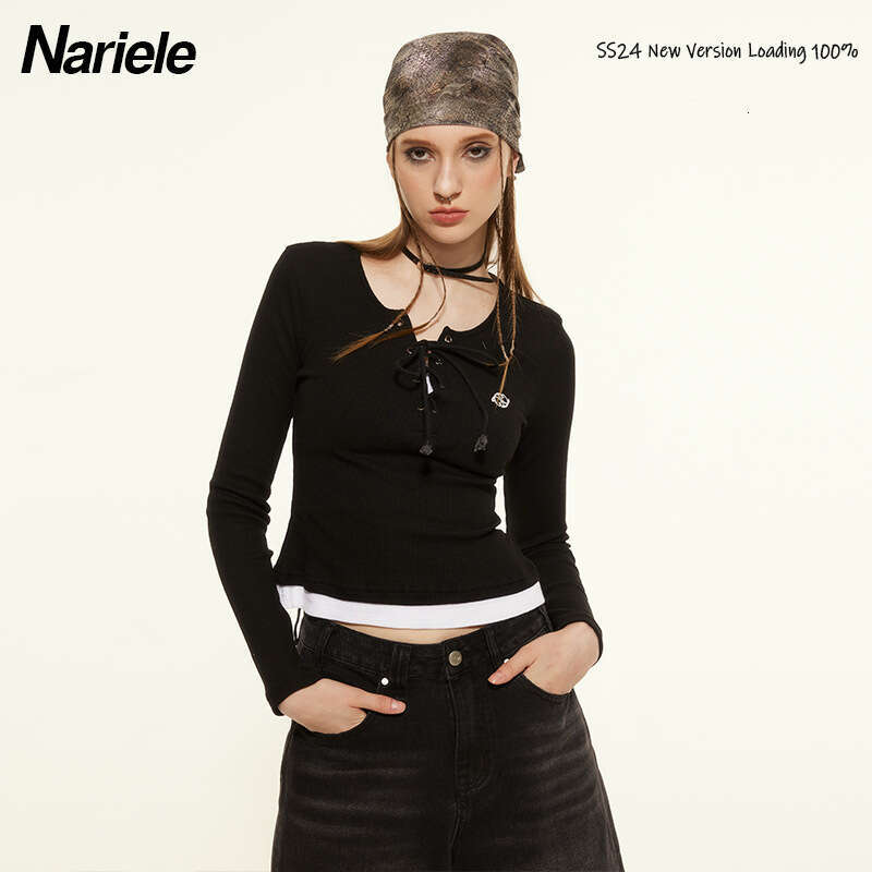 Spring And Autumn Waffle Design Slim Fit Color-Block Round Neck Tie-Up Hot Girl Long Sleeve Women's T-Shirt B3