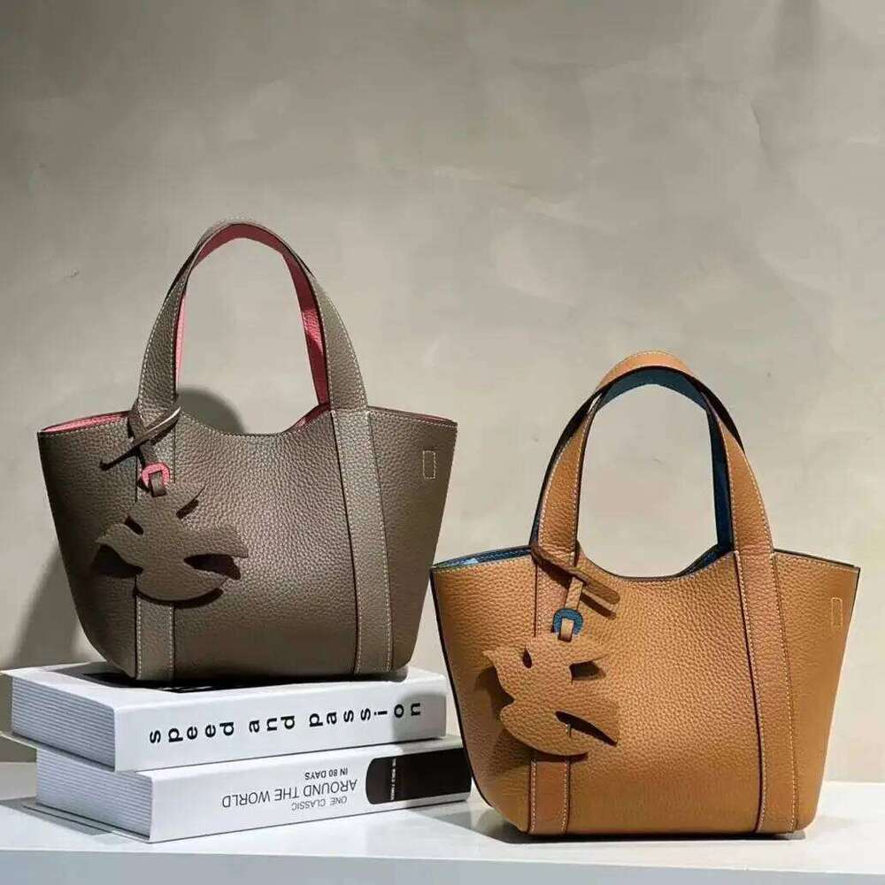 Double Sided Vegetable Basket Fashion Lychee Pattern Genuine Leather Handbags For Women Large Capacity Bucket Bag