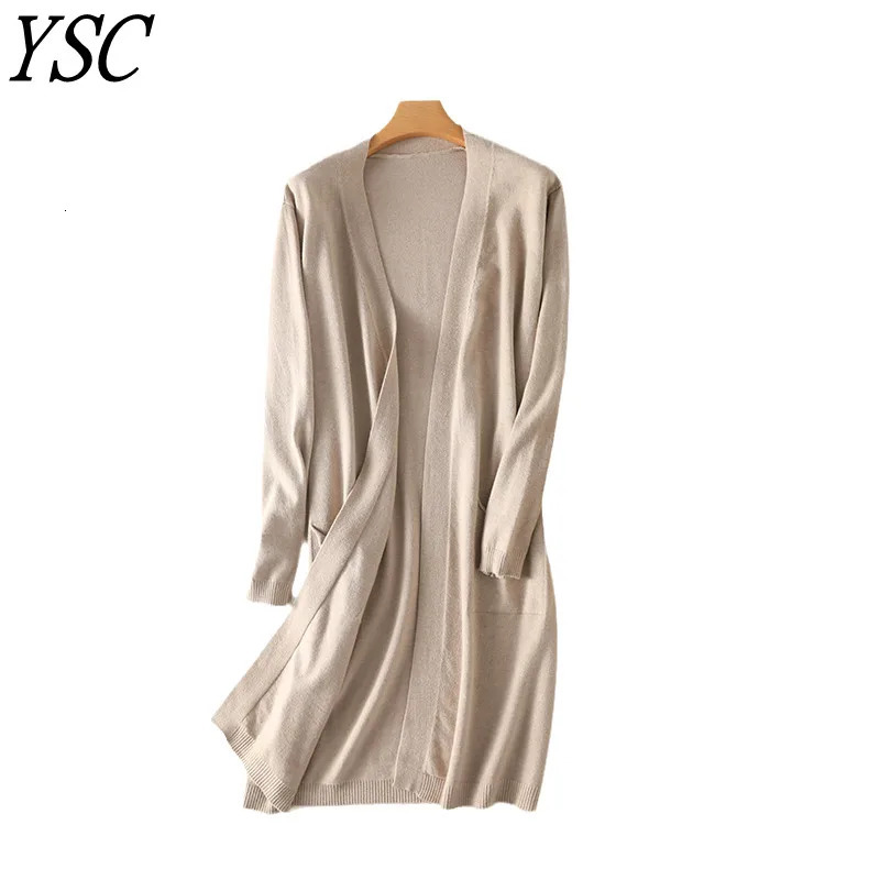 YSC style Women Knitted Cashmere wool blend Cardigan V collar Super long Buttonless pocket trim Highquality 250819