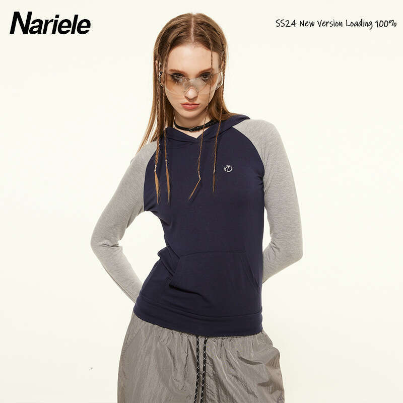 Spring Hooded Design Contrast Color Splicing Raglan Long Sleeve Casual Top T-Shirt For Women B5