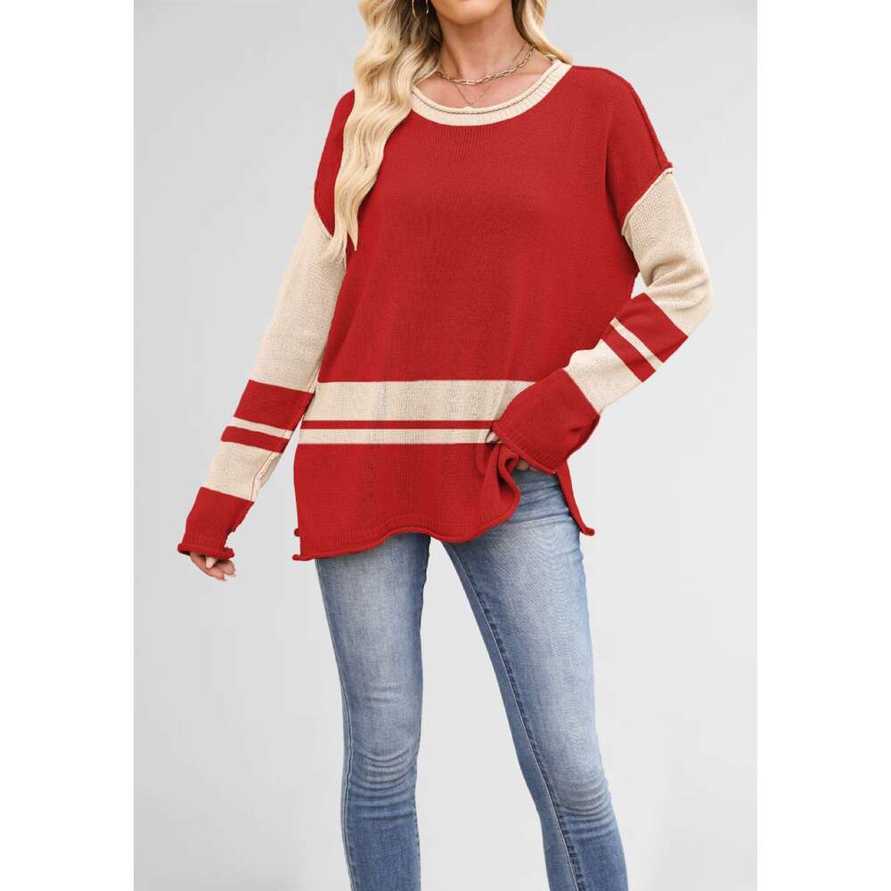 New Knitted Autumn Winter Women's Color Block Round Neck Loose Casual Pullover Sweater B3