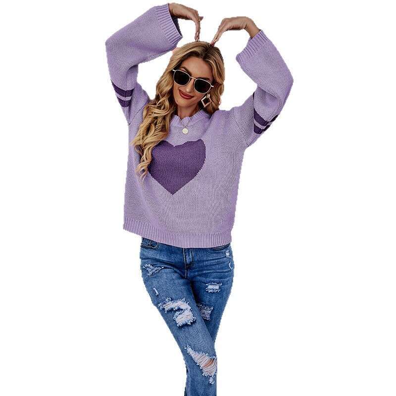 New Women's Autumn Winter Sweater Color Block Valentine's Day Heart Round Neck Knit B5
