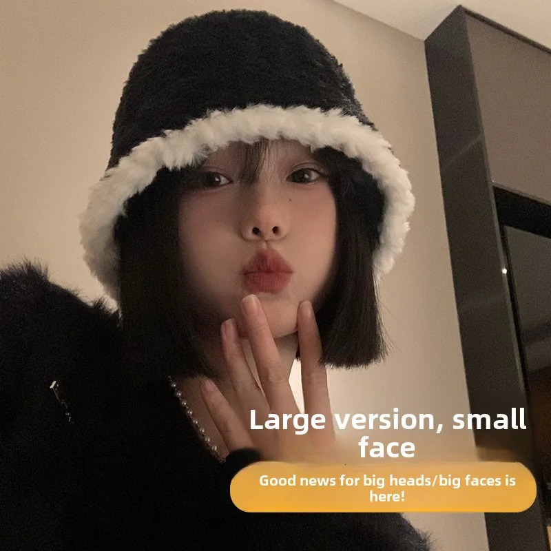 Black Plush Bucket Hat for Women Autumn and Winter Korean Style Versatile Face-Looking Small Bucket Hat Japanese Style Big Head 250819