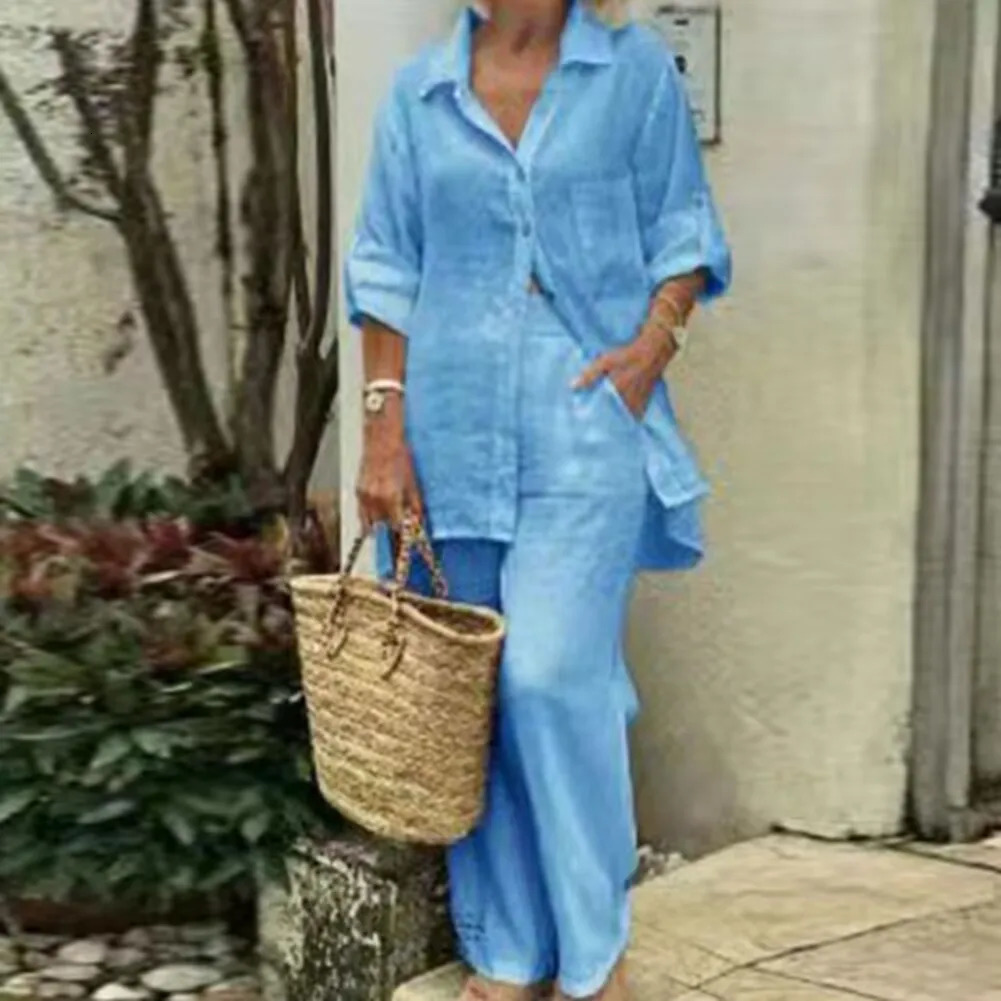 Summer Cotton Linen Casual Home 2 Piece Set For Women 2025 Fashion White Long Sleeve Shirt And Shorts Two Piece Sets Tracksuit 250819