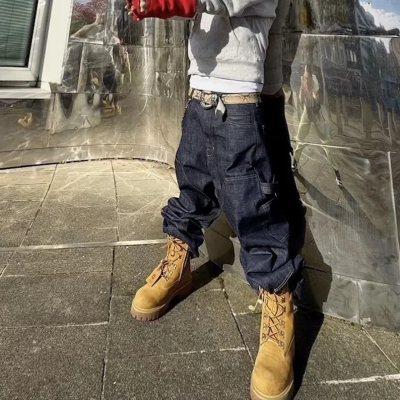 MIJKO High Street Original Color Wide Leg Blue Baggy Jeans for Men Straight Loose Pockets Casual Denim Pants Oversized Cargo Trousers