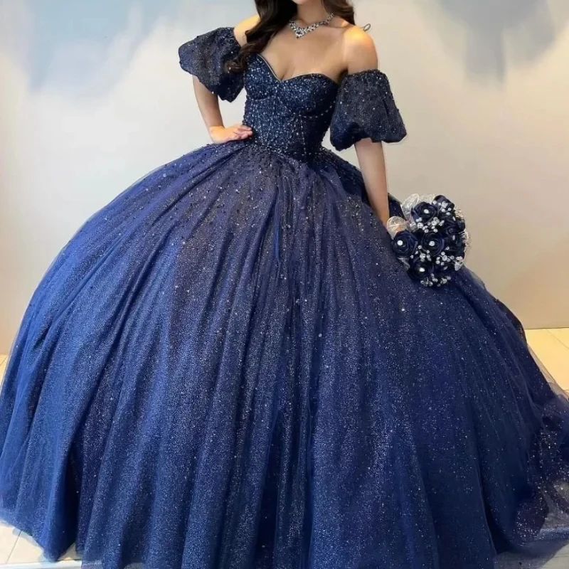 Navy Blue Shiny Princess Quinceanera Dresses Short Sleeves Beading Crystal Tull Vestidos De 15 Anos Birthday Party Gowns Sweet 16 Dress