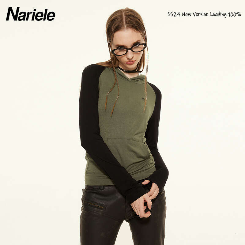 Spring Hooded Design Contrast Color Splicing Raglan Long Sleeve Casual Top T-Shirt For Women B5