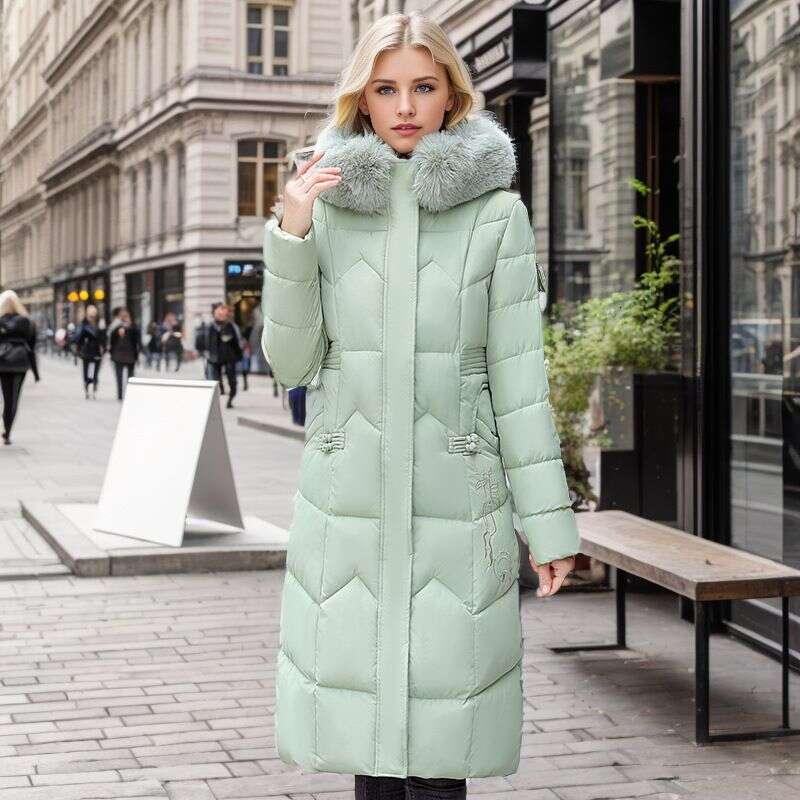 Women's Clothing winter new fashion coat women's long waist cut and knee length thickened large fur collar cotton padded jacket