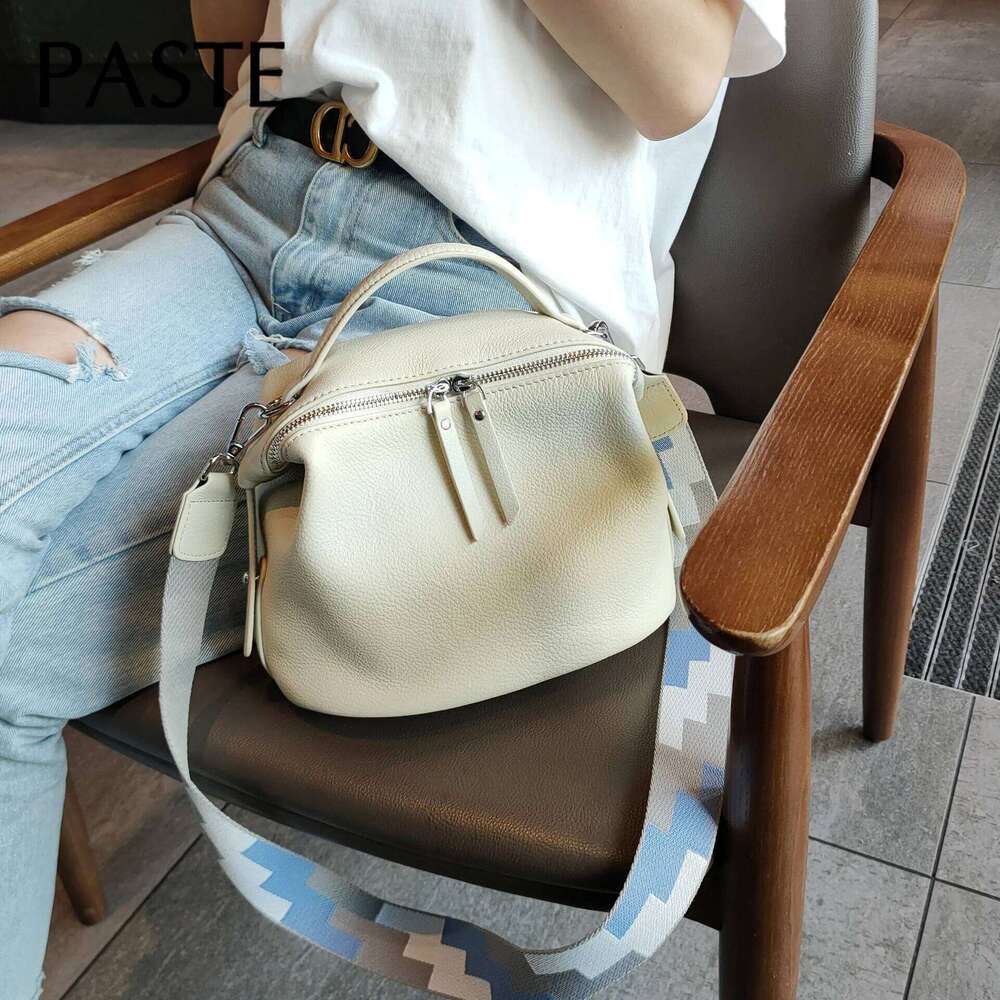 Beige Solid Color Cowhide Leather Women S Handbag Female Shoulder Bag Straps All Match Soft Cowskin Tote