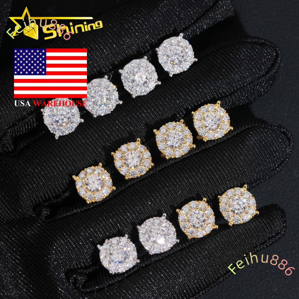 2025 new style Round Shape Iced Out Sparkling Earrings 925 Sterling Silver Moissanite Screw Back Stud Earring