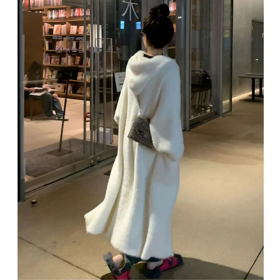 korean fashion hooded long cardigan women knitted sleeve winter style clothes knitwears fall pink 250819