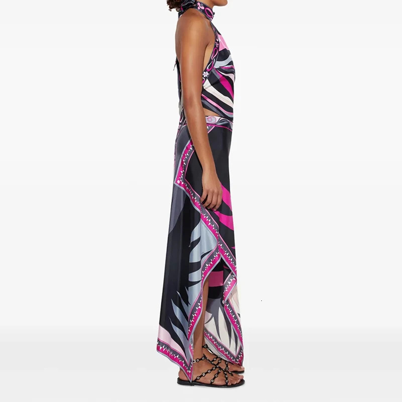 Casual Print Vacation Womens Outfits Elegant Satin Beach Sets Vintage Lace Up Backless Halter Tops Irregular Half Skirt 2 Piece 250818