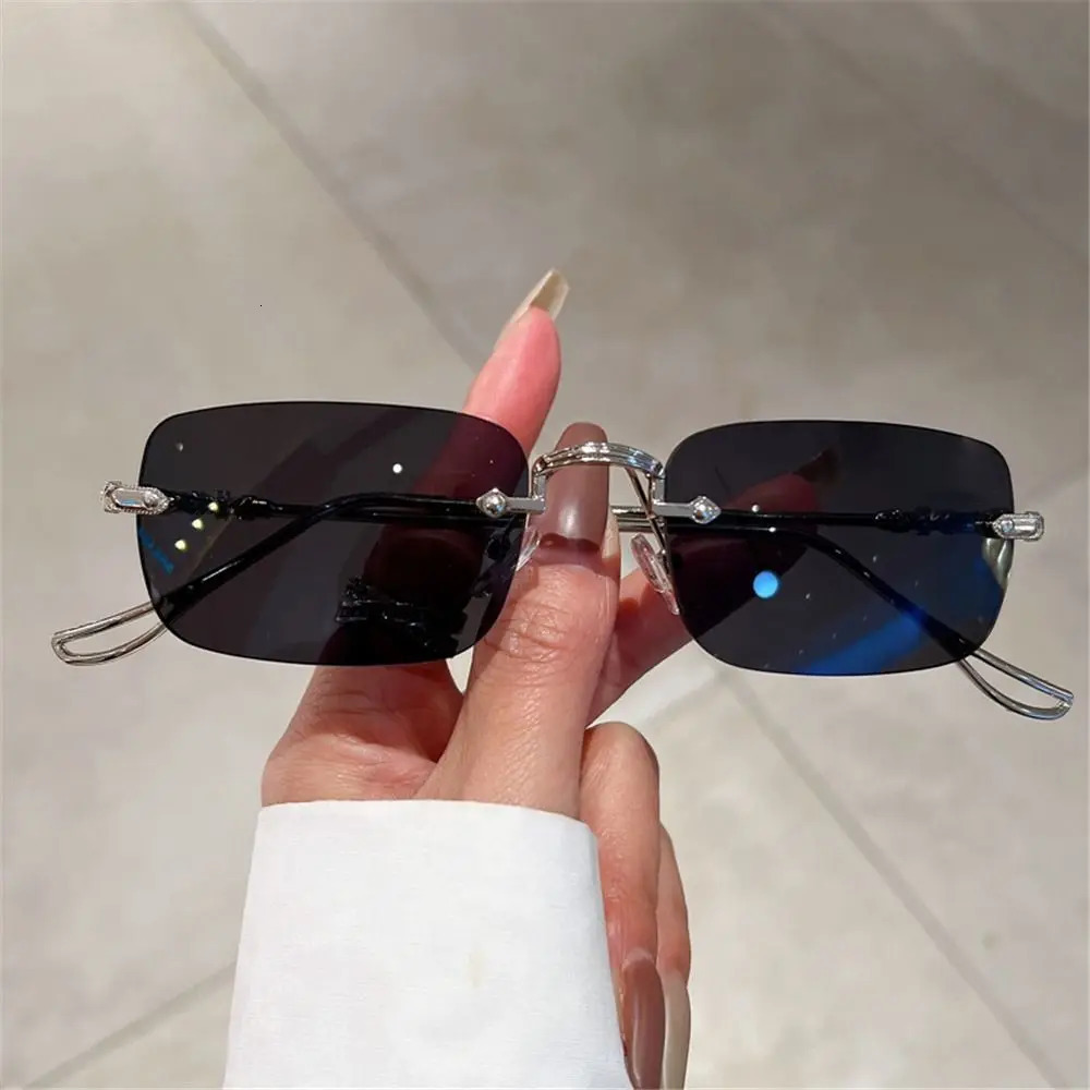 Metal Rectangle Sunglasses Fashion Rimless UV400 Eyewear Ocean Lenses Sun Glasses for Women Men 250815