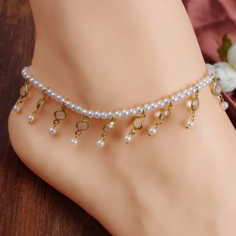 Summer Fashion Foot jewelry adjustable crystal link with pearl anklet gift for Women to beach A-52 250815