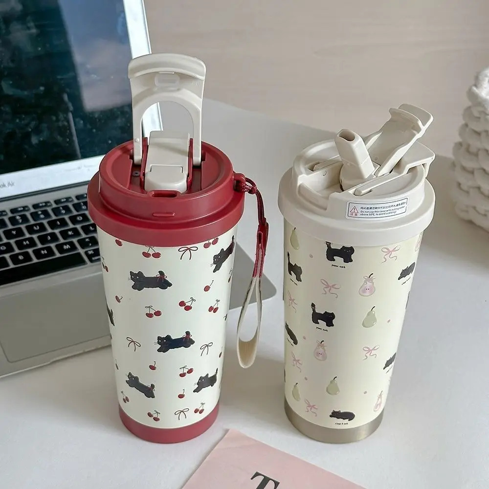 Cute Cherry Cat Tumbler 500ml Kawaii Water Bottle Stainless Steel Thermal Cup With Straw Portable Coffee Thermos For Tea Gift 250818 W260226