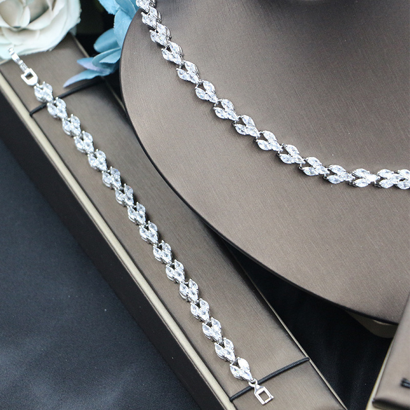 Fashion Leaf 4pcs AAA CZ Women Bridal Wedding Jewelry Set Earring Necklace Set parrure bijoux femme mariage 250417 - view 3