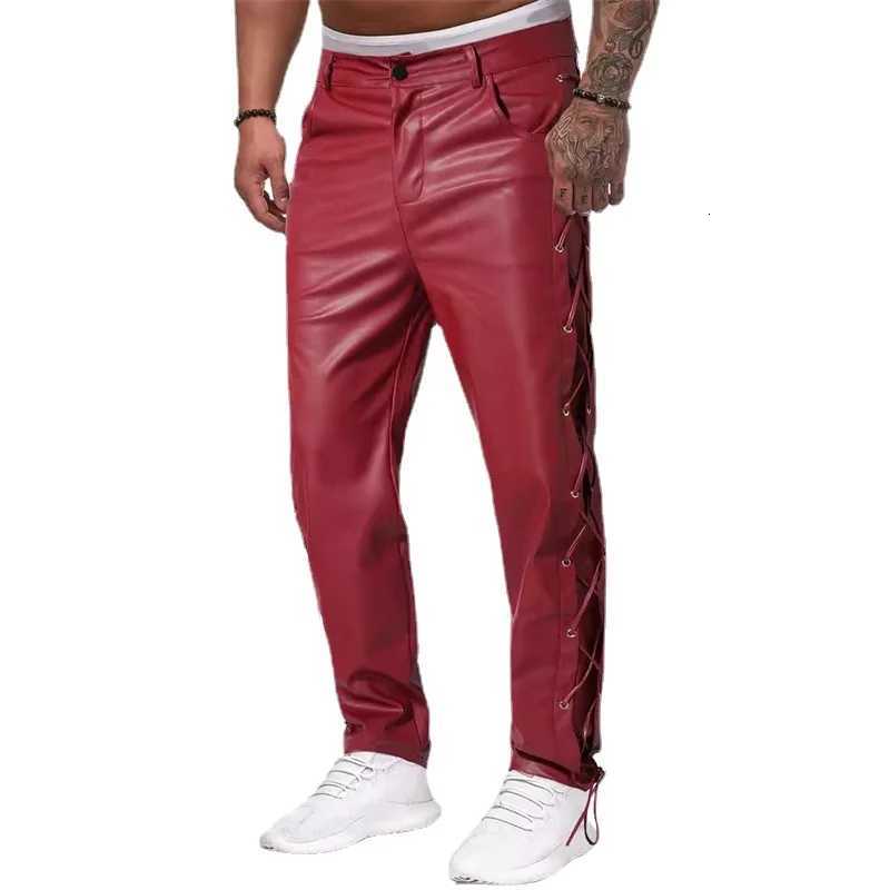 2024 Fashion High Street Mens Hot Loose Faux Leather Pants Unique Design Tied Casual Trousers W250819