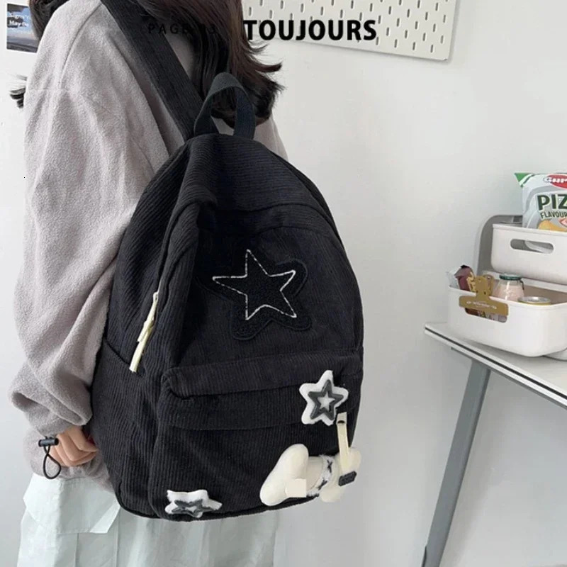 Y2K Girls Star Pattern Laptop Backpack Teen Student Large Capacity School Bookbag Corduroy Rucksack Double Strap Shoulder Bag250813