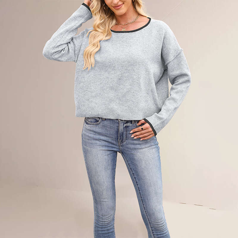 New Women's Clothing Autumn Winter Round Neck Color Block Knitted Loose Versatile Pullover Sweater B3