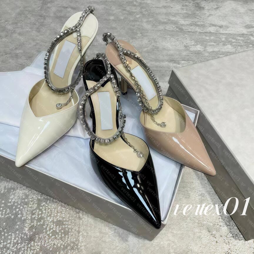 Women Designer High Heels White Black Nude Golden Patent Genuine Leather Mules Glittery Slides Crystal Strap Mesh Pumps Lady Flat Shoes Tulle Sandals 01