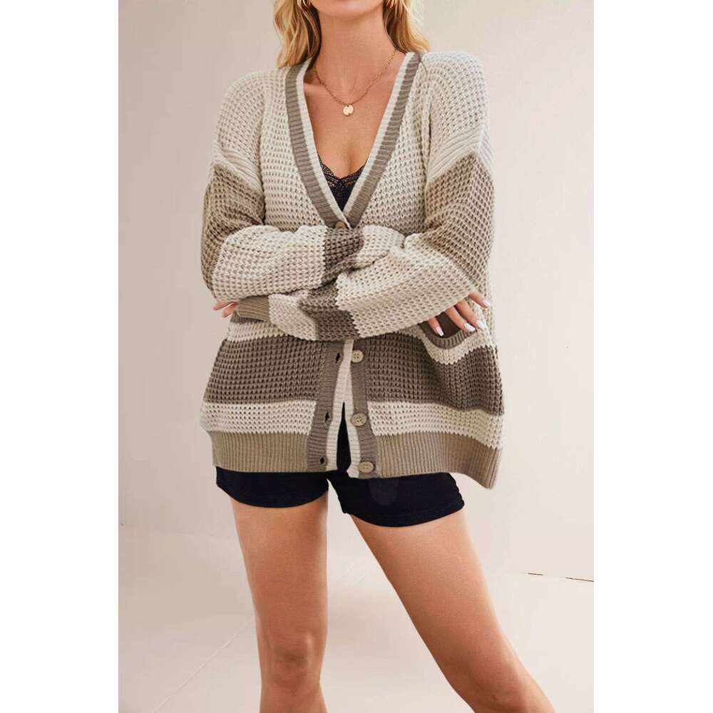 Women's Autumn Winter New Knitted V-Neck Plus Size Pocket Color Block Cardigan Jacket B5