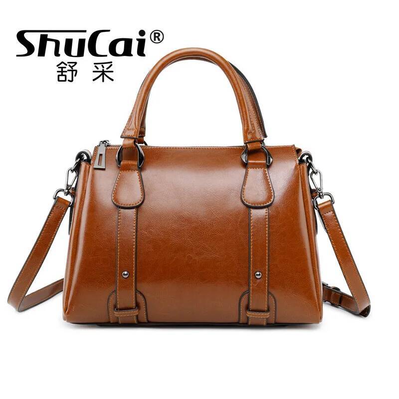 Genuine Leather Women's Shoulder Crossbody Handbag Top Handle Bags Casual Designer Female Oil Wax Cowhide Messenger Tote Bag